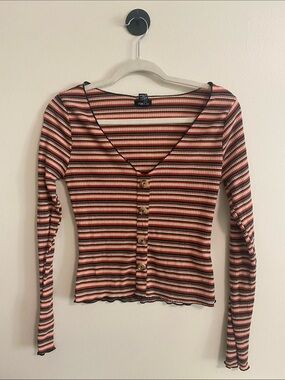 Rue21 Multi-Striped Ribbed Button-Front V-Neck Long Sleeve Top